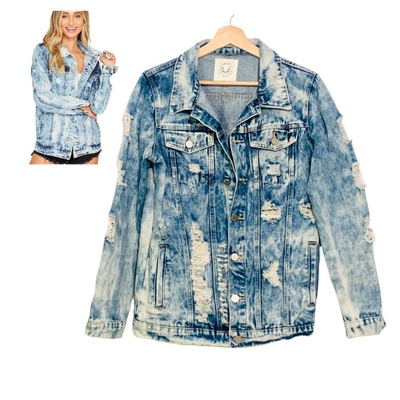 Fantastic Fawn Distressed Denim Jacket Size Small Acid Wash Trucker Jean Jacket - Picture 1 of 11